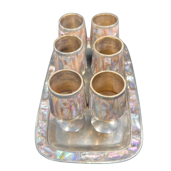 Vtg Mexico Alpaca Silver Inlaid Abalone Shell Six Cordial Shot Glasses and Tray - Picture 5 of 16